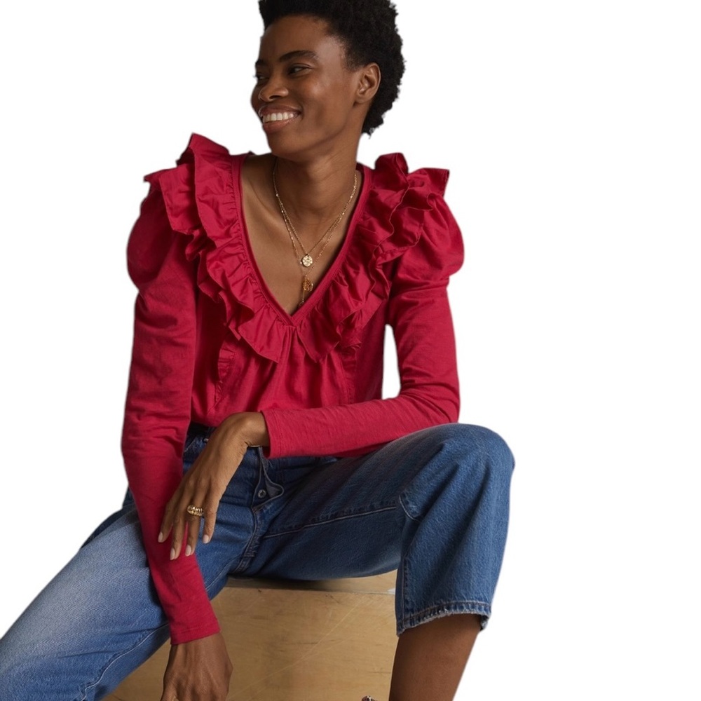 Anthropologie Ruffle V-Neck Shirt M